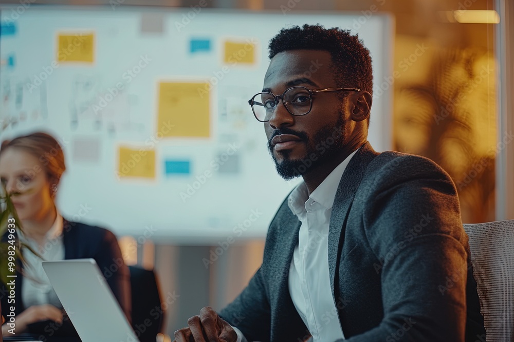 A Professional Man in a Suit Working on a Laptop During a Team Meeting in a Modern Office Environment A Professional Man in a Suit Working on a Laptop During a Team Meeting in a Modern Office Environment