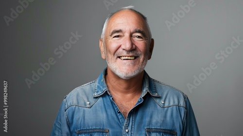 A man with a blue shirt and gray hair is smiling