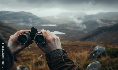 first person view of human hands with binoculars, landscape with sheep grazing, serenity and exploration of nature and rural beauty