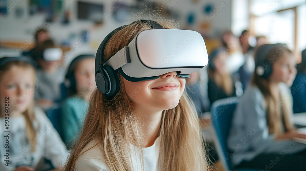 VR Learning: A school student explores AI technology with a VR headset, fostering creativity in the classroom VR Learning: A school student explores AI technology with a VR headset, fostering creativity in the classroom