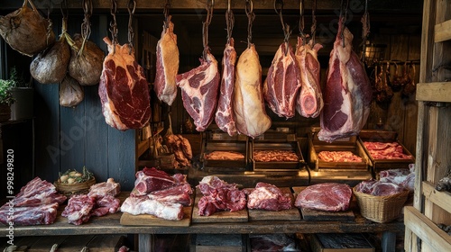 A rustic butcher shop showcasing various cuts of meat hanging from hooks, highlighting the craftsmanship and tradition behind butchery and meat preparation. photo