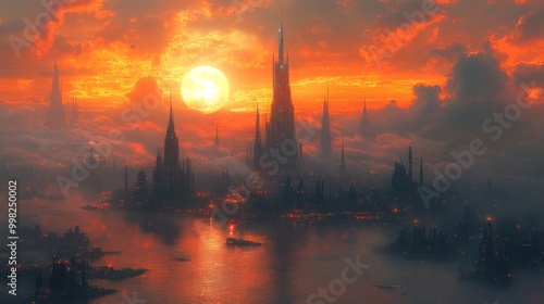 A futuristic city skyline with a fiery sunset and a large, glowing orb in the sky. photo