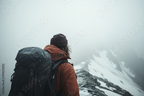 Portrait of mountain conqueror on the peak of the mountain, Man with backpacker on the top of the world, Selective focus man on the snow mountain with the sea of fog view.