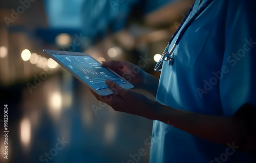 Wallpaper Mural Nurse in Blue Scrubs Using iPad in a Medical Setting Torontodigital.ca