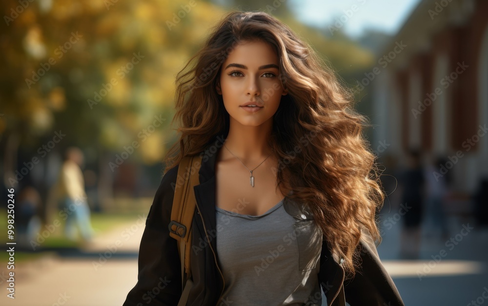 Fototapeta premium A woman with long brown hair is walking down a street wearing a black jacket and a gray shirt