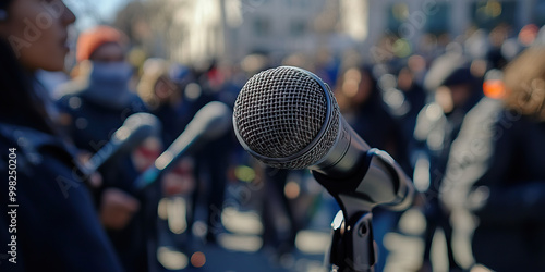 Silenced Voices: Empty public square, muted speakers, missing microphones.