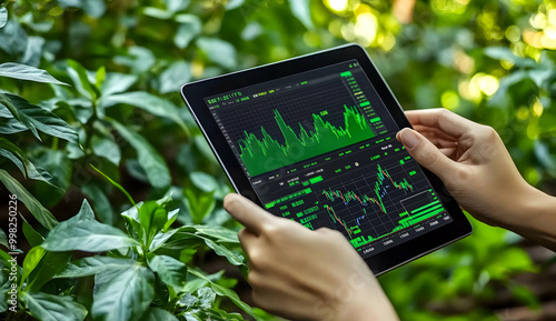 Wallpaper Mural Person Holding iPad Displaying Green Stock Market Data Torontodigital.ca