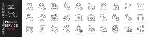 Set of 30 outline icons related to public services. This outline icon set includes government services, healthcare, emergency services, utilities, and more. Editable stroke. Vector illustration