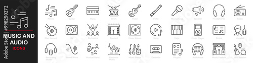 Set of 30 outline icons related to music and audio. This outline icon set includes musical instrument, headphone, microphone, speaker, notes, equalizer, and more. Editable stroke. Vector illustration