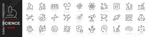 Set of 30 outline icons related to science. This outline icon set includes lab equipment, microscopes, atoms, test tubes, formulas, telescopes, and more. Editable stroke. Vector illustration