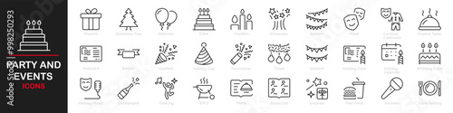 Set of 30 outline icons related to events and parties. This outline icon set includes balloon, confetti, party hat, gift, event ticket, decoration, and more. Editable stroke. Vector illustration