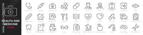 Set of 30 outline icons related to healthcare and medicine. This outline icon set includes stethoscope, thermometer, pill, emergency, syringe, hospital, and more. Editable stroke. Vector illustration