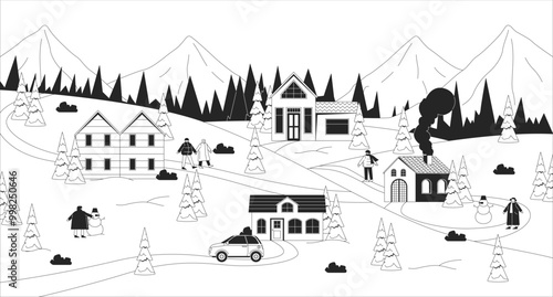 Cozy winter town in snowy mountains woods black and white line illustration. Townsfolk 2D characters monochrome background. Wintry destination for vacation in Christmas village outline vector image