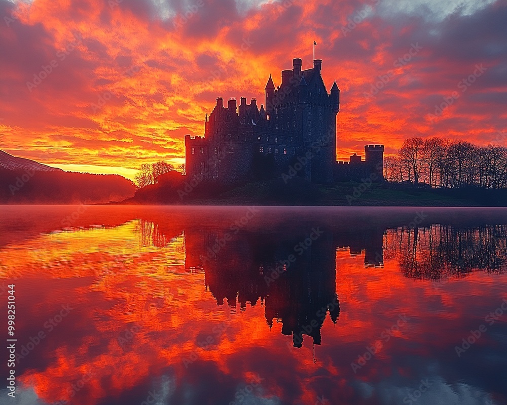 Fototapeta premium A Majestic Castle Silhouette Against a Vibrant Sunset Sky in a Dreamy Landscape Background