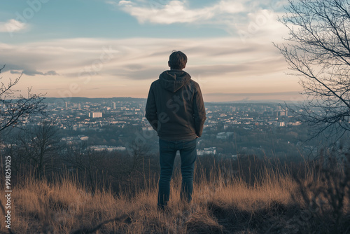 Portrait of man with jacket and jeans stand on the hill to see cityscape, Selective focus back of man stand on grass field on highland with civilization town view.