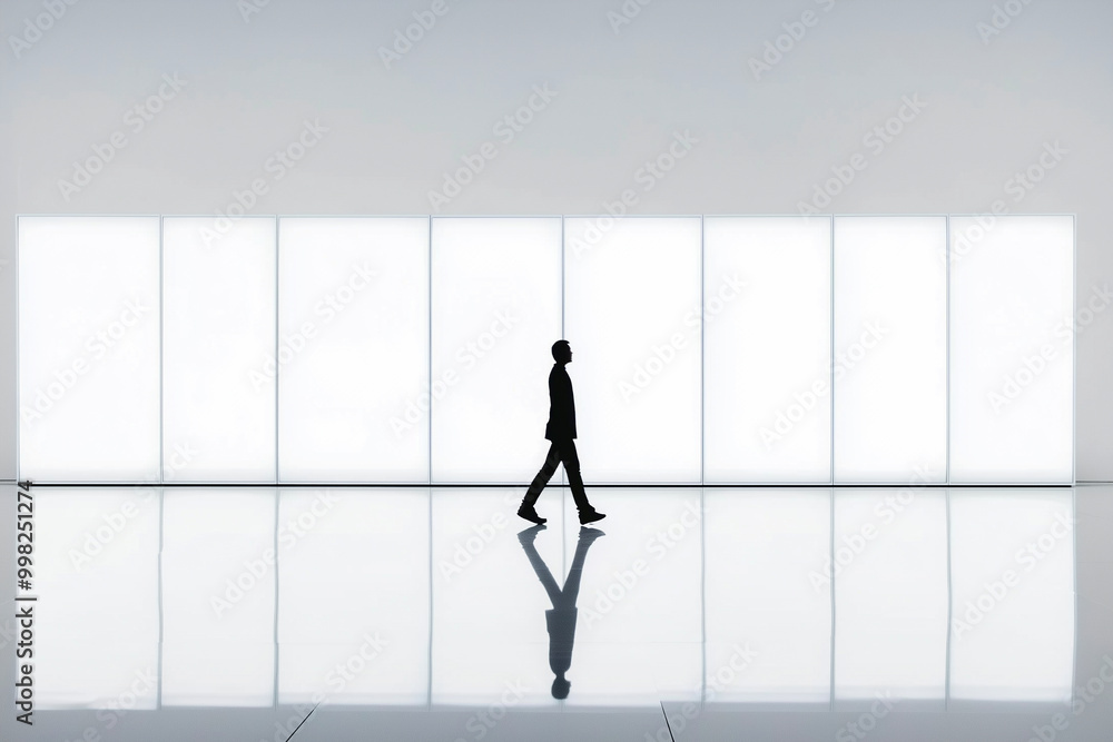 A man walks in a large, empty room with white walls A man walks in a large, empty room with white walls