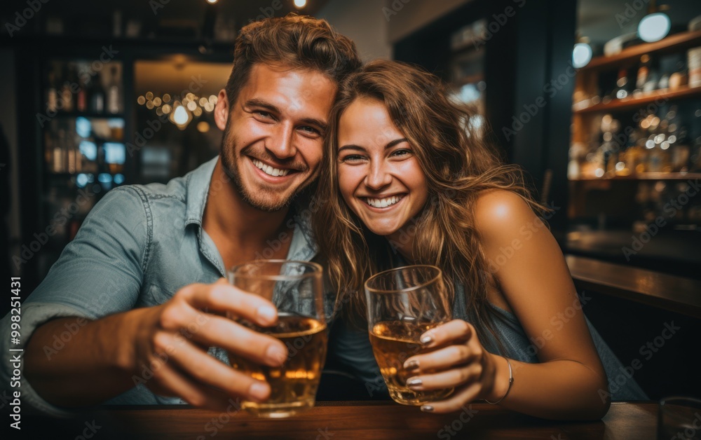 A man and woman are smiling and holding glasses of beer. They are at a bar and seem to be enjoying their time together A man and woman are smiling and holding glasses of beer. They are at a bar and seem to be enjoying their time together