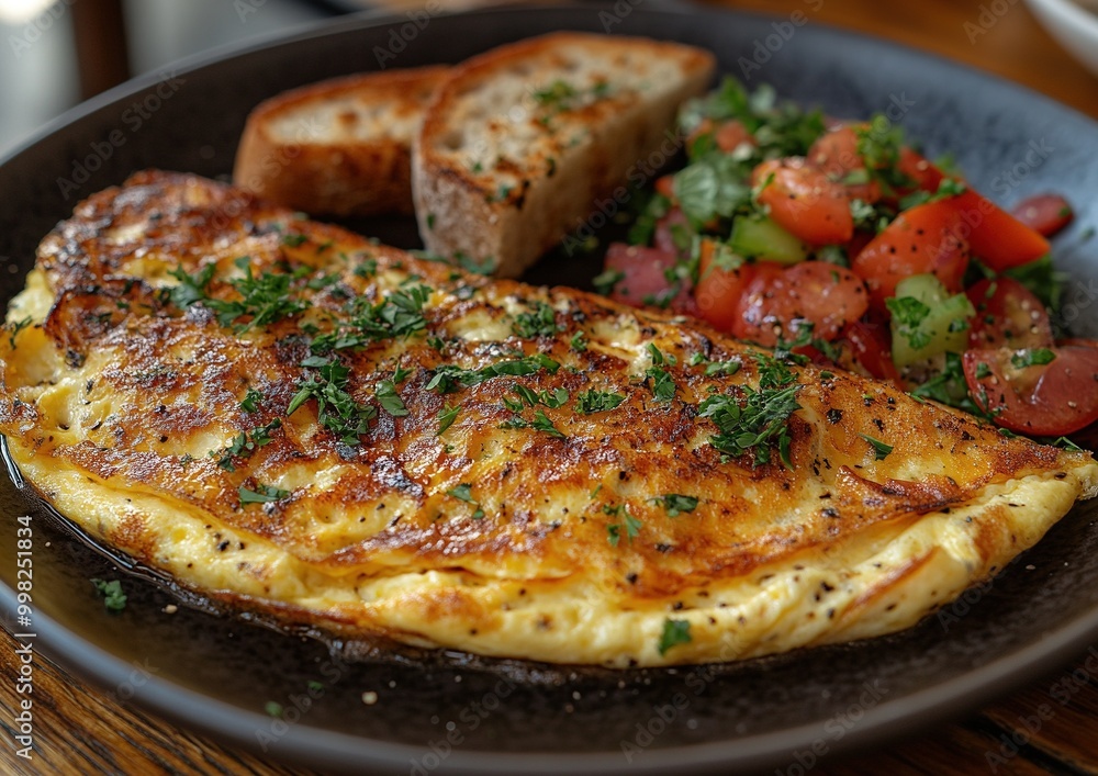 A Vibrant Golden Omelet Served on a Rustic Wooden Plate Surrounded by Fresh Ingredients and Herbs A Vibrant Golden Omelet Served on a Rustic Wooden Plate Surrounded by Fresh Ingredients and Herbs