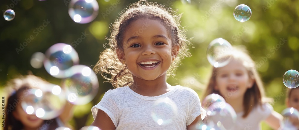 A young girl smiles joyfully as she chases bubbles with her friends in a park. A young girl smiles joyfully as she chases bubbles with her friends in a park.