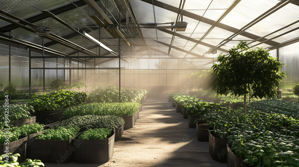 AI-powered greenhouses adjusting lighting and irrigation for optimized plant growth, creating a sustainable environment for agriculture. The scene features a modern greenhouse equipped with advanced s AI-powered greenhouses adjusting lighting and irrigation for optimized plant growth, creating a sustainable environment for agriculture. The scene features a modern greenhouse equipped with advanced s