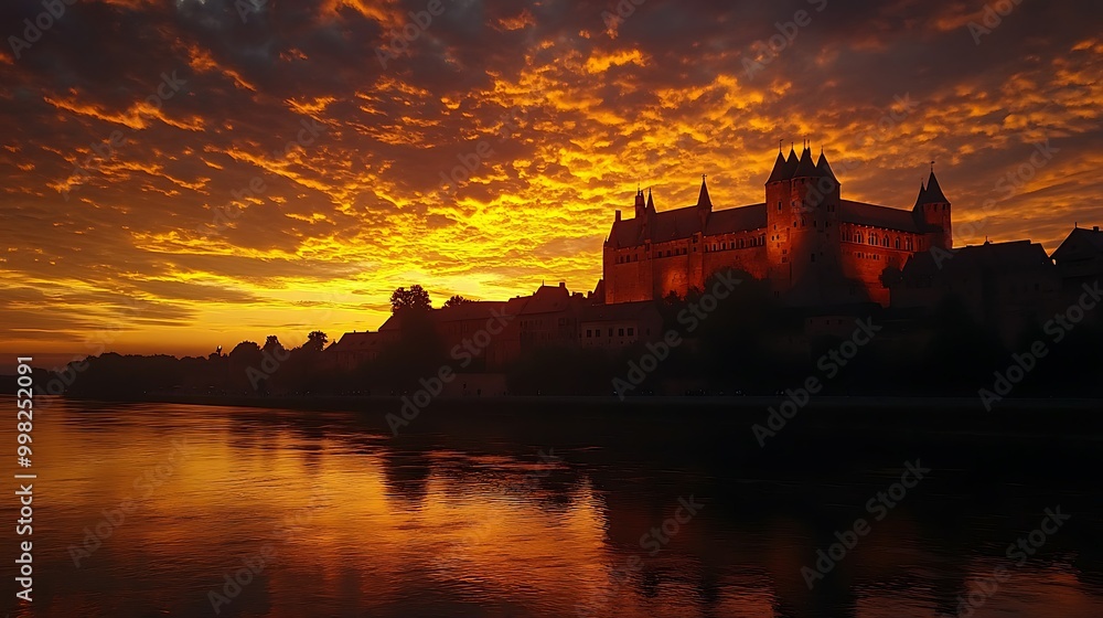 Obraz premium Sunset over a castle by the river.