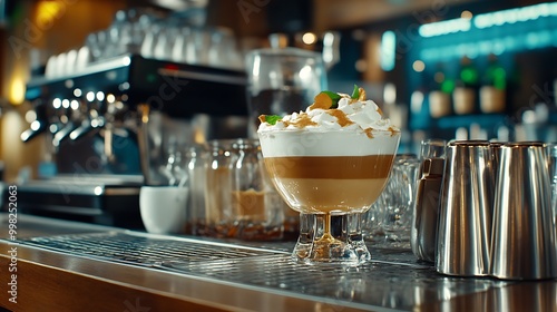 Coffee Drink with Whipped Cream and Cinnamon on Bar Counter