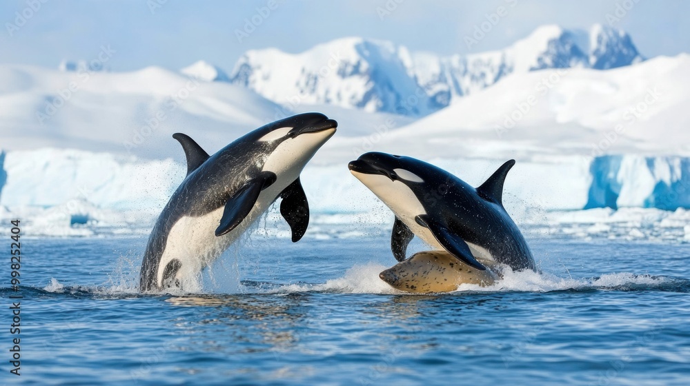 Fototapeta premium Majestic Orcas Breaching in Icy Ocean Waters