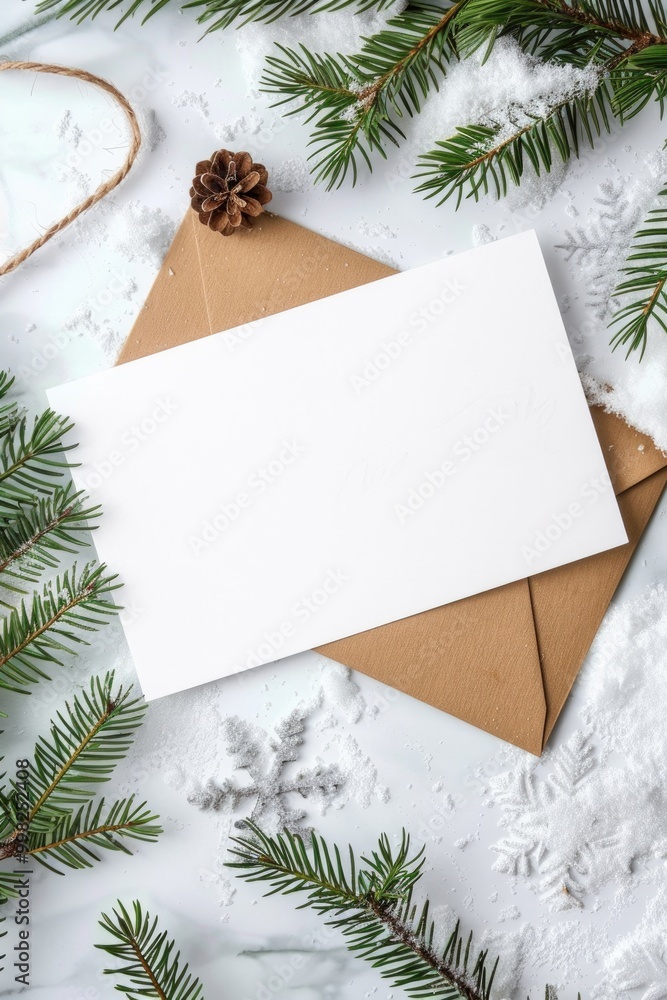 Blank White Card on Brown Envelope with Pine Branches and Snowflakes for Holiday Greetings Blank White Card on Brown Envelope with Pine Branches and Snowflakes for Holiday Greetings