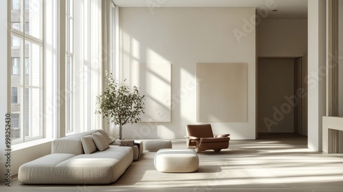 A serene minimalist living room featuring a neutral color palette, simple furniture, and large windows allowing natural light to flood in, creating a calm and inviting atmosphere.