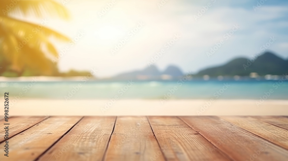 Fototapeta premium Wooden Surface Against Tropical Beach Background