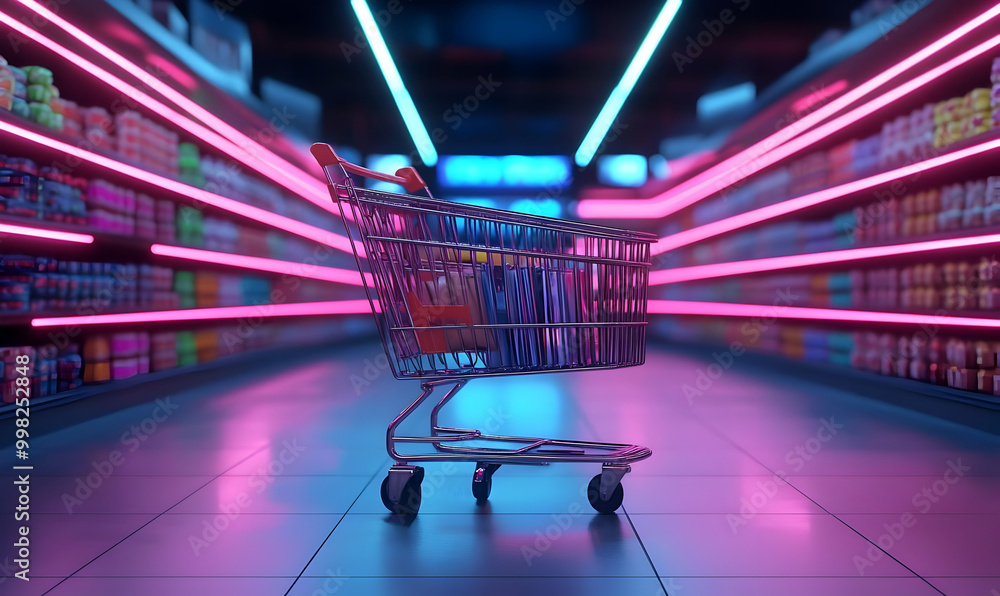 Shopping Cart in an Empty Supermarket Aisle Shopping Cart in an Empty Supermarket Aisle
