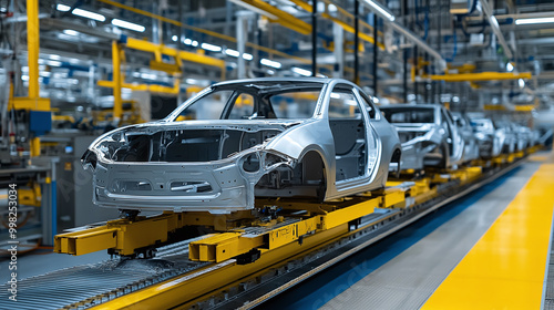 An automotive assembly line showing the process of car manufacturing with multiple car chassis being built in a high-tech production environment, emphasizing precision engineering