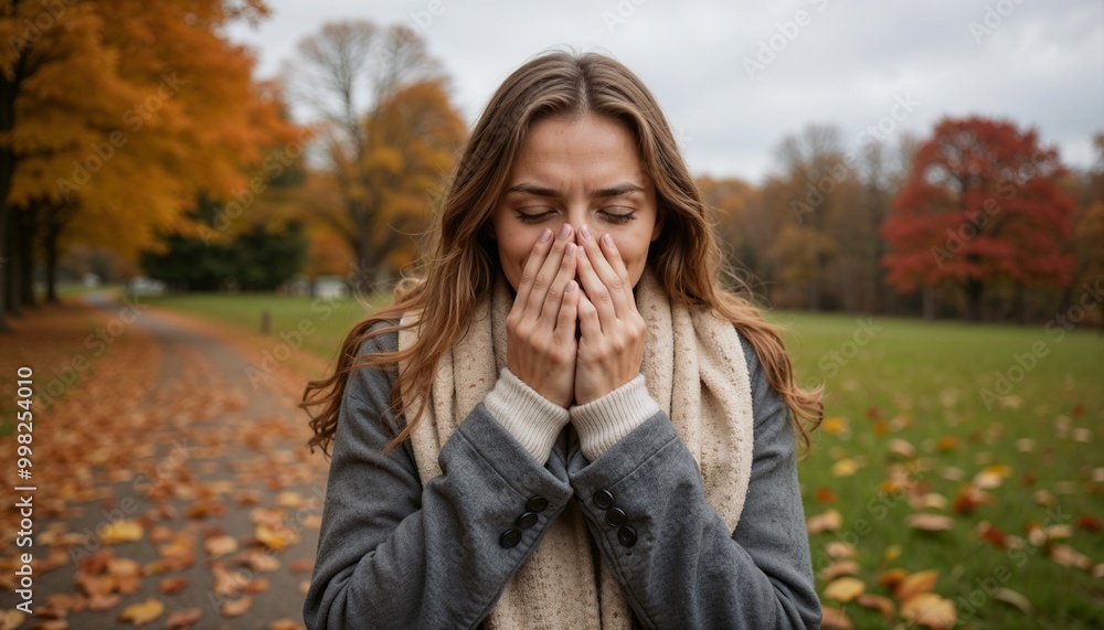 Sick young woman sneezing in a park during cold and flu season Sick young woman sneezing in a park during cold and flu season