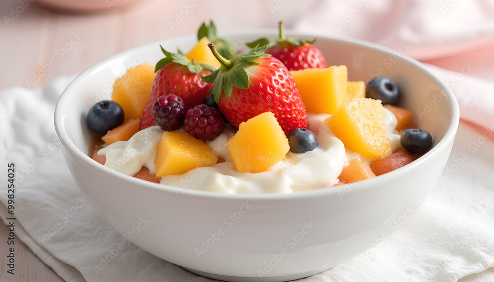 Healthy yogurt bowl topped with fresh fruits, berries, and honey Healthy yogurt bowl topped with fresh fruits, berries, and honey
