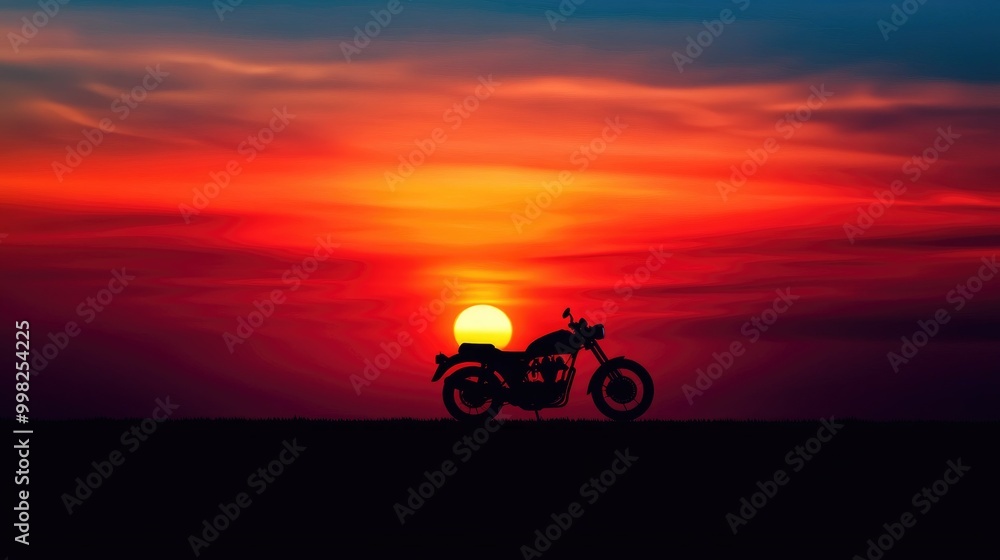 Obraz premium A silhouette of a motorcycle against a vibrant sunset, capturing the essence of freedom and exploration that comes with riding, perfect for evoking emotion