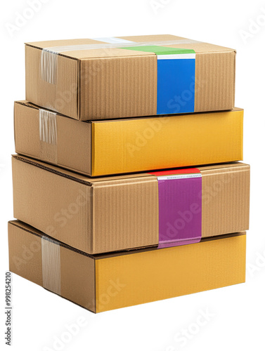 Colorful cardboard boxes stacked for shipping and storage. photo