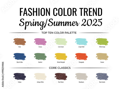 Fashion Color Trend Spring - Summer 2025. Trendy colors palette guide. Fabric swatches with color names. Easy to edit vector template for your creative designs.
