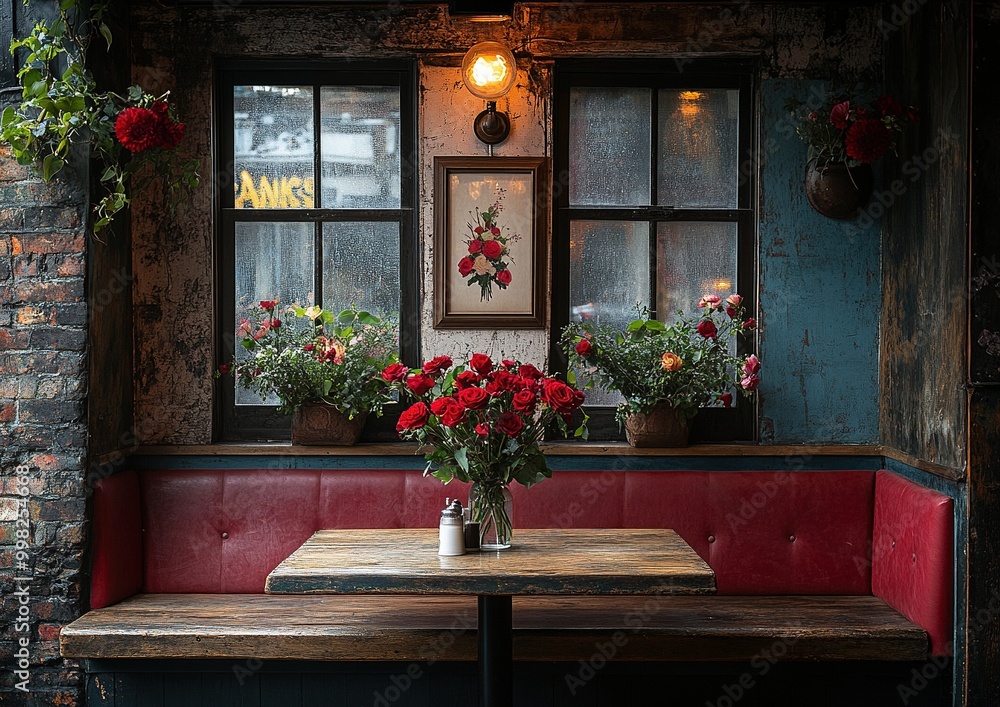 Cozy Booth with Rustic Wooden Table in a Vibrant Cafe Setting Perfect for Relaxing Moments Cozy Booth with Rustic Wooden Table in a Vibrant Cafe Setting Perfect for Relaxing Moments