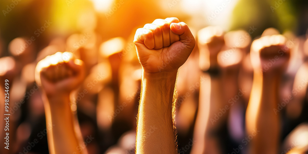 Rising Fists: A crowd of protesters raising clenched fists defiantly.