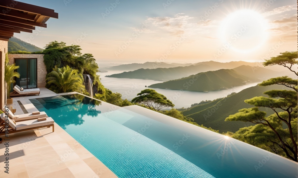 Fototapeta premium A beautiful view of a lake and mountains with a pool on the side. The pool is surrounded by trees and has a sun reflecting on the water