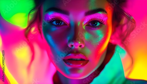 Glamorous Close-Up of Woman Adorned with Glitter Makeup Surrounded by Vibrant Neon Lights, Showcasing Fashion and Beauty in Creative Night Photography