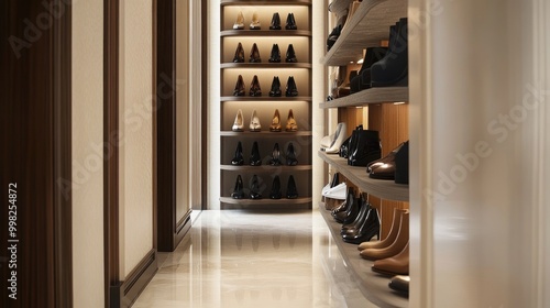 A sleek, multi-tier shoe rack in a hallway, showcasing a collection of high-end fashion footwear, blending style and practicality in home design photo