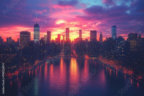 Dazzling City Skyline at Dusk with Illuminated Buildings and Reflective Water in Vibrant Colors