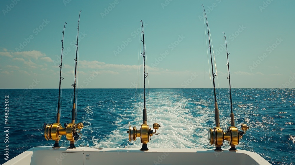 Four fishing rods with golden reels ready for action on a boat against a vast blue sea and clear sky, depicting an ideal setting for deep-sea fishing.