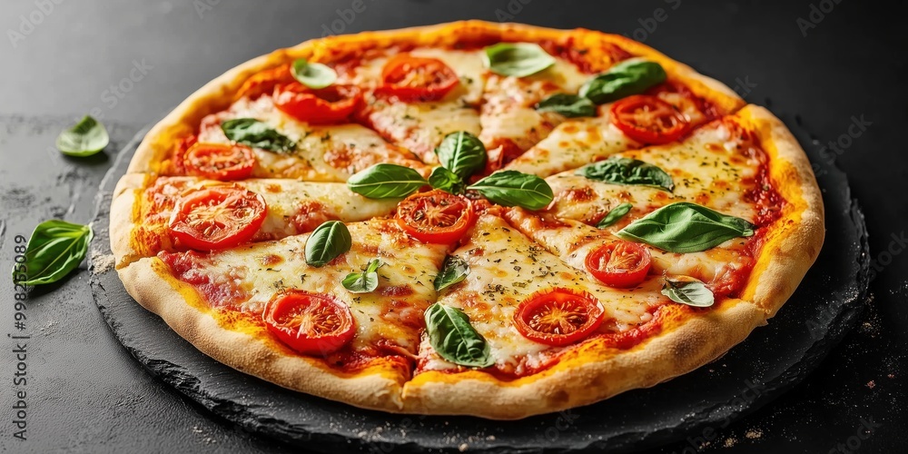 Margherita pizza with tomatoes and basil on black slate Margherita pizza with tomatoes and basil on black slate