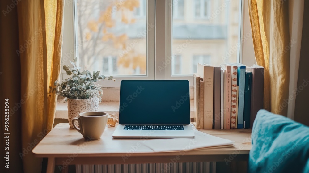 A small desk in a cozy nook with a laptop, coffee mug, and inspirational books, perfect for remote work or studying in a relaxed home environment. A small desk in a cozy nook with a laptop, coffee mug, and inspirational books, perfect for remote work or studying in a relaxed home environment.