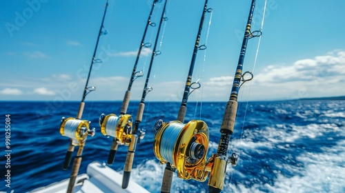 Obraz na płótnie Four fishing rods with golden reels ready for action on a boat against a vast blue sea and clear sky, depicting an ideal setting for deep-sea fishing. w salonie