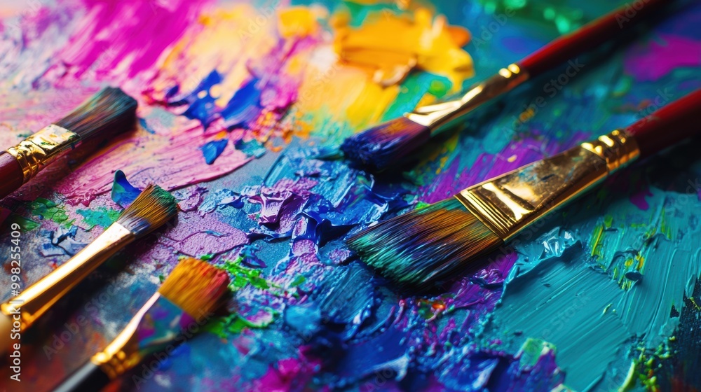 Fototapeta premium Bright splashes of color and paintbrushes on a canvas reveal an active artistic process in a creative studio. Generative AI