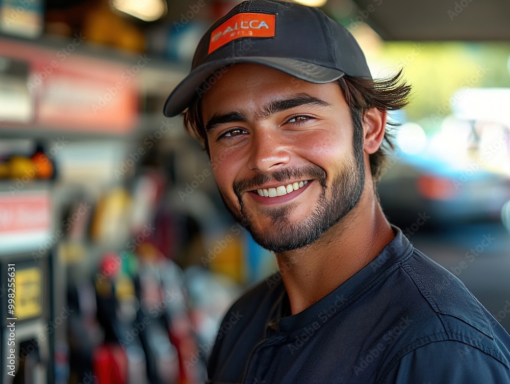 Friendly Gas Station Attendant Offering Excellent Service in a Brightly Lit Fueling Station Environment Friendly Gas Station Attendant Offering Excellent Service in a Brightly Lit Fueling Station Environment