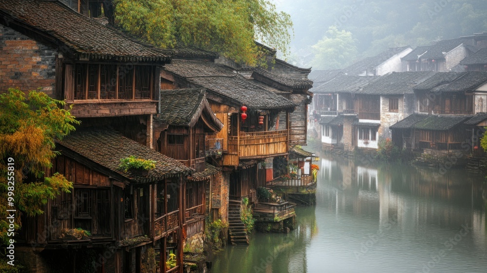 Traditional Wooden Houses Along a River in a Misty Mountain Village Traditional Wooden Houses Along a River in a Misty Mountain Village